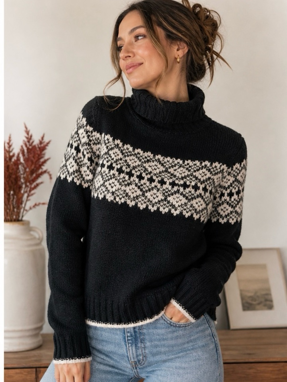 Gap Fair Isle Turtleneck Sweater Black Cream Nordic Knit Cozy 100% Lambs Wool M